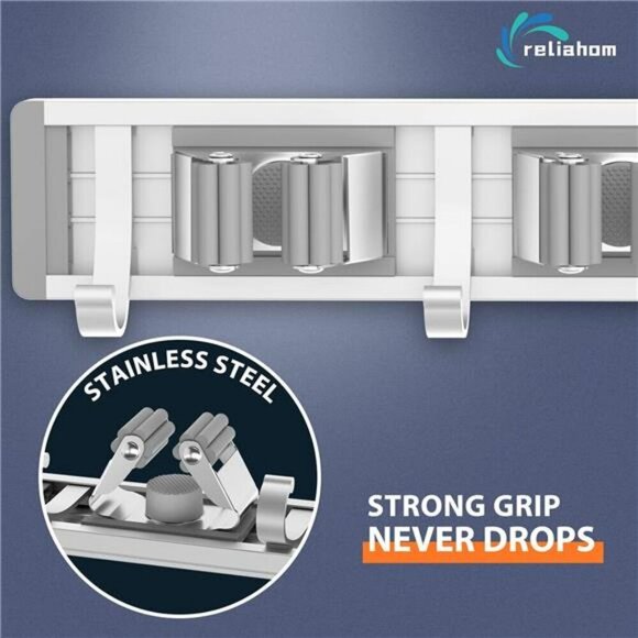 Broom Holder Mop Hanger Wall Mount Metal Organization Garage Storage System Silv - Picture 3 of 7